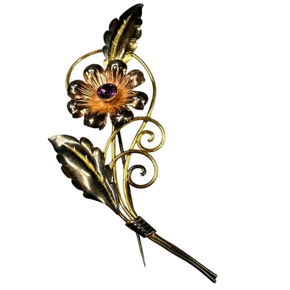 Vintage Gold-Tone Flower Brooch Purple Rhinestone Center & Detailed Leaf Design - Picture 1 of 16